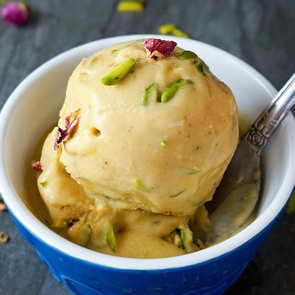 Closeup of a scoop of vegan Persian Saffron Ice Cream topped with slivered pistachios and dried rose petals
