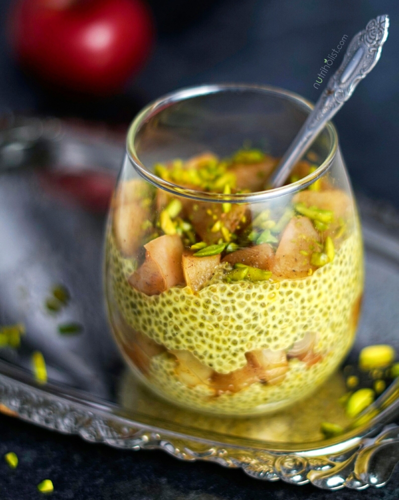 Saffron Rosewater Chia Pudding with Warm Apple Compote - Nutriholist