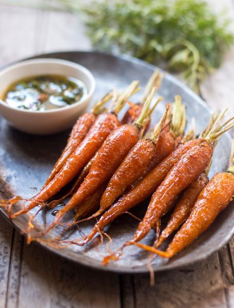 Honey Ginger Roasted Carrots with Carrot Greens Chimichurri