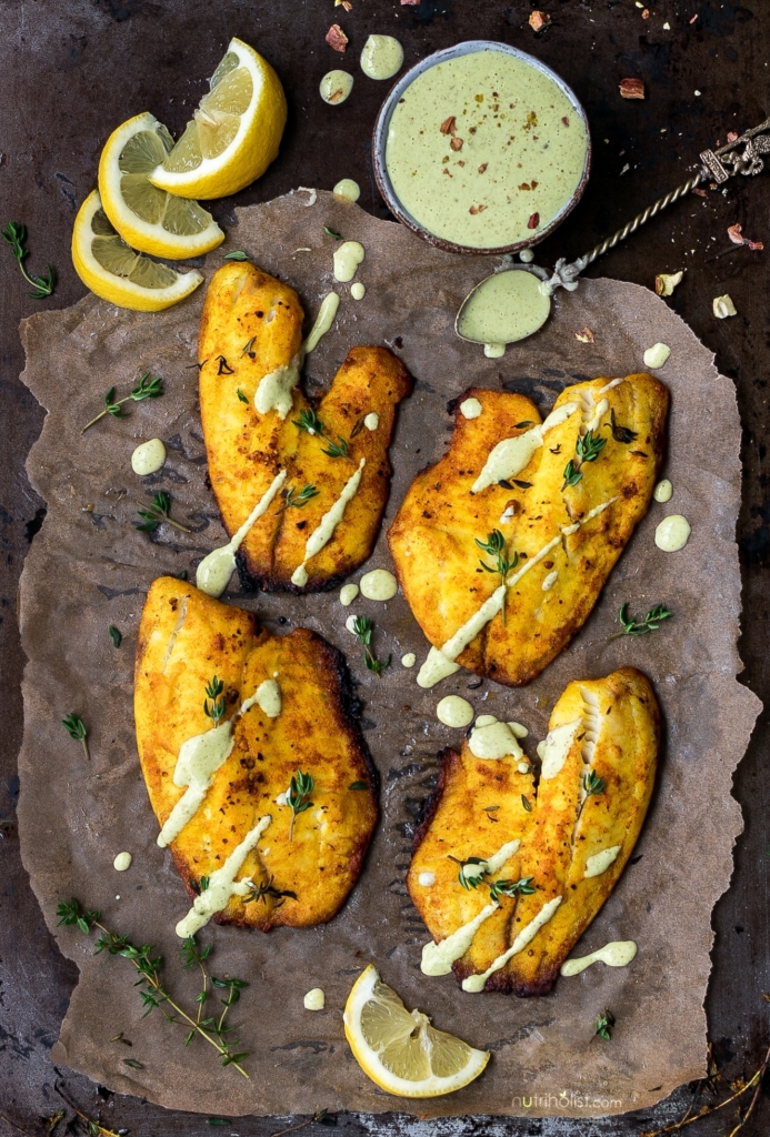 Baked Saffron Tilapia with Pistachio Cream Sauce #Glutenfree #Grainfree #Soyfree #Paleo #Sugarfree Easy Dinner Ideas #Nutriholist