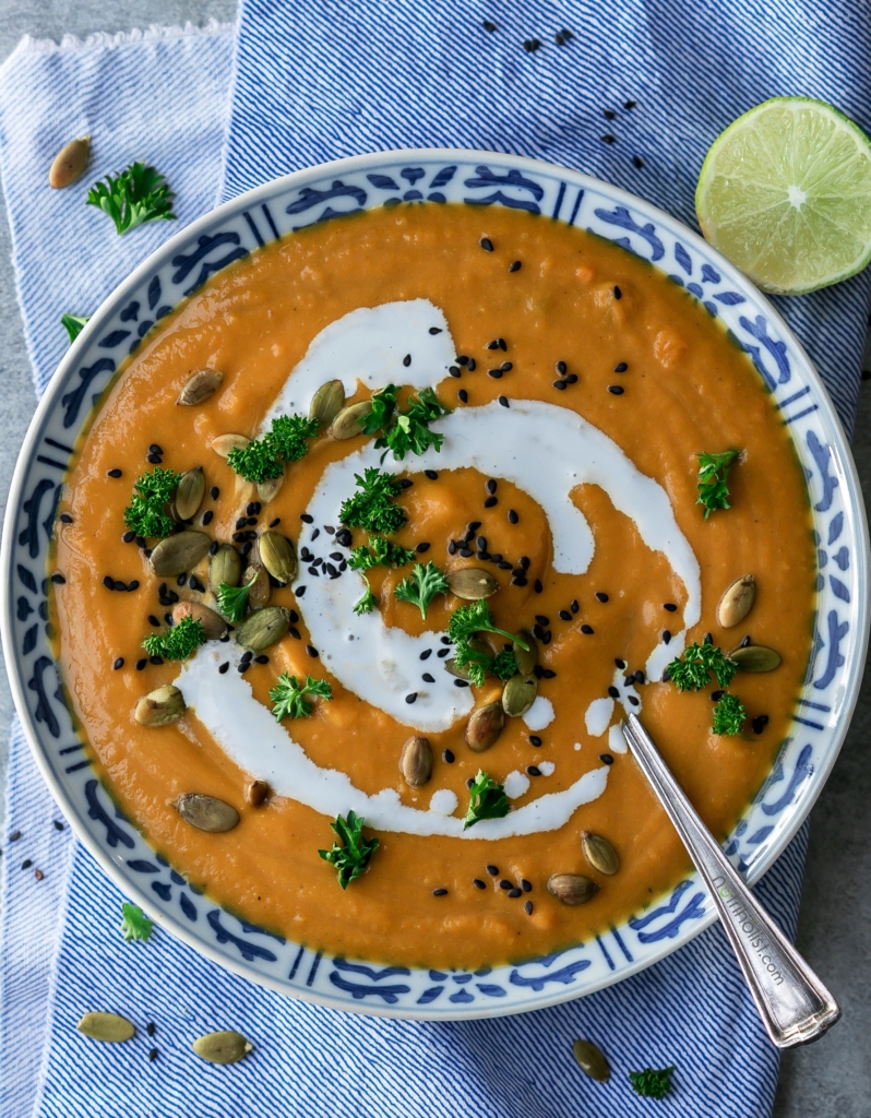 Sweet Potato Ginger Soup #Nutriholist This creamy delicious soup is the ultimate winter comfort food. Very easy to make with a handful of wholesome ingredients. #dairyfree #vegan #glutenfree #grainfree #paleo #healthy #recipe
