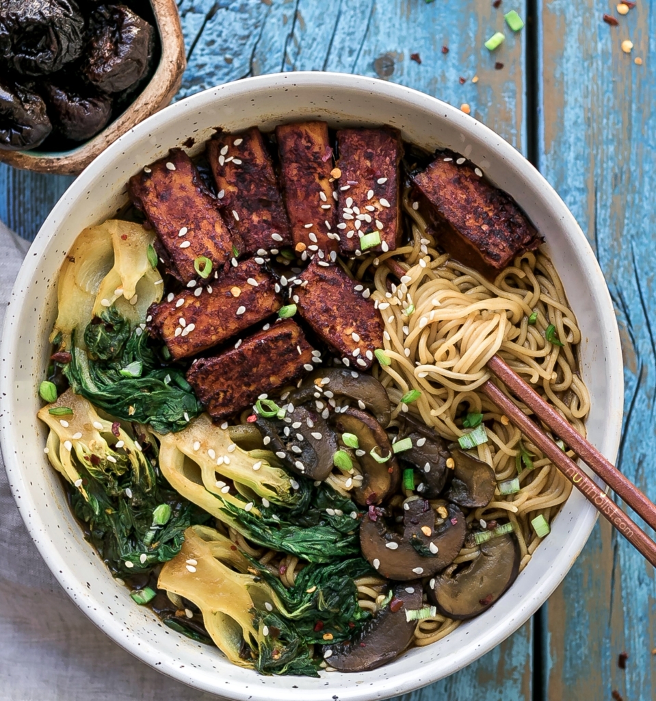 Prune Sauce Baked Tofu Ramen Bowl #Vegetarian #Vegan #Glutenfree Easy Delicious & Healthy Lunch or Dinner Inspo #Nutriholist