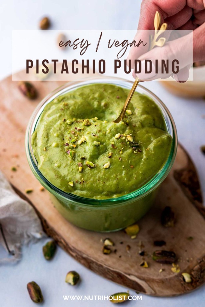 Digging into a bowl of Vegan Pistachio Pudding topped with chopped pistachios with a golden spoon
