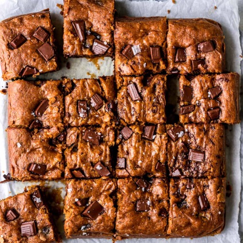 Top view of Healthy Pumpkin Blondies cut into 16 squares